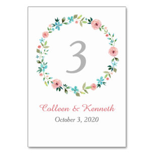 Pink Blue Spring Floral Wreath Wedding Table Number