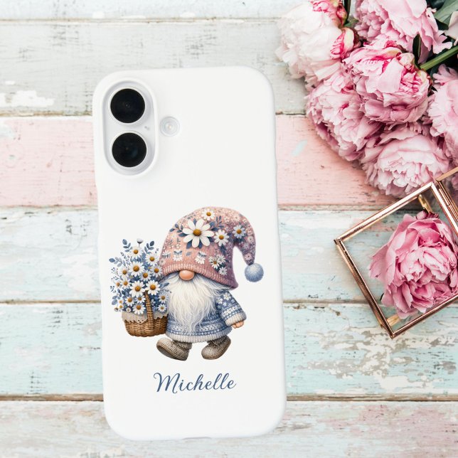 Pink Blue Spring Flowers Gnome Case-Mate iPhone Case (pink blue spring time flowers gnome monogram name iPhone 16 15 14 13 12 11, Pro max plus phone case)