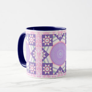 Pink Blue Star Vintage Quilt Pattern Mug Cup