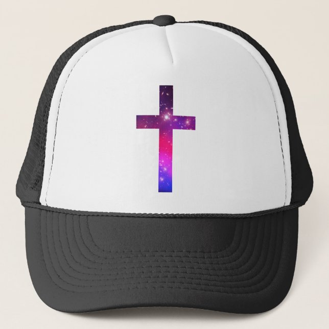 Pink Blue Stars Cross White Trucker Hat (Front)
