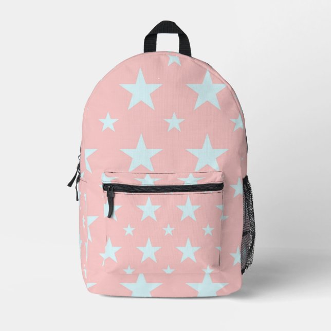 Pink Blue Stars Pattern Pastel Constellation Printed Backpack (Front)