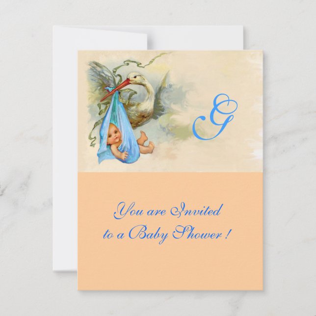 PINK BLUE STORK BABY BOY SHOWER MONOGRAM INVITATION (Front)