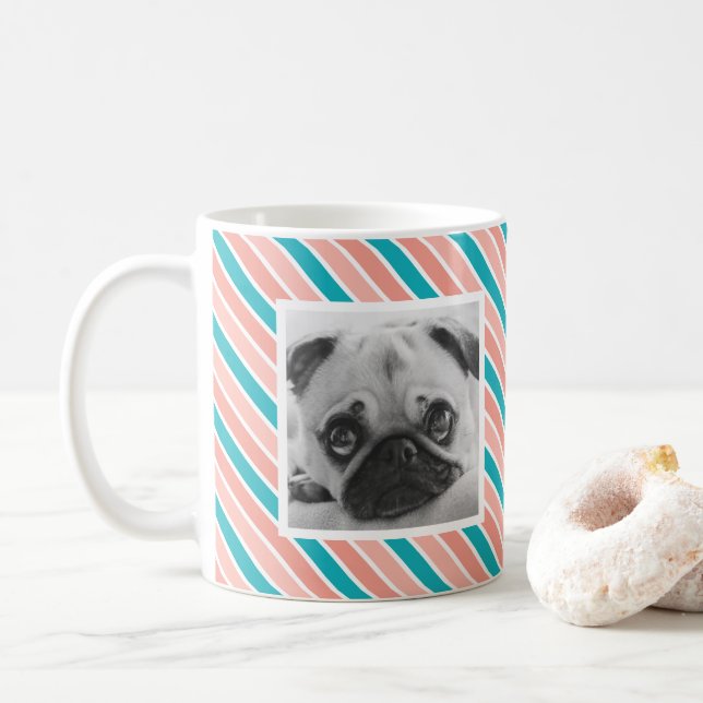 Pink Blue Stripe Pattern Custom Photo Mug (With Donut)
