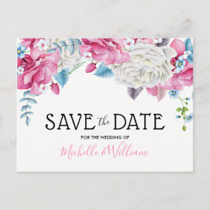 Pink Blue Summer Floral Save the Date Announcement Postcard