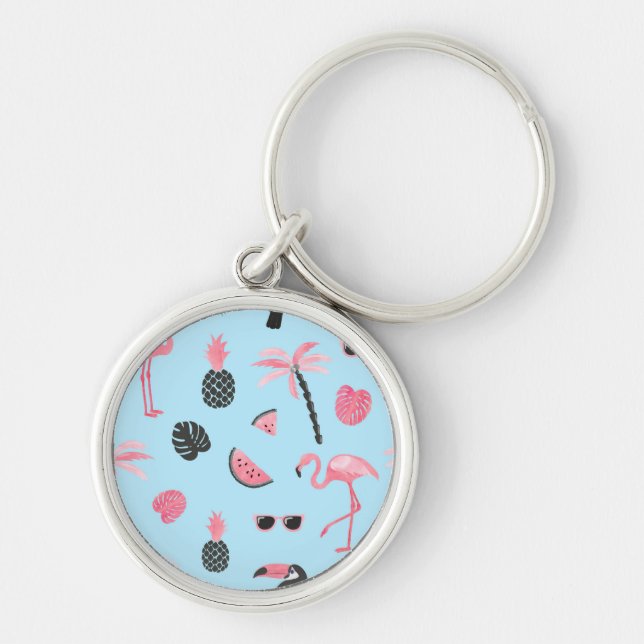 Pink & Blue Summer Tropical Pattern Keychain (Front)