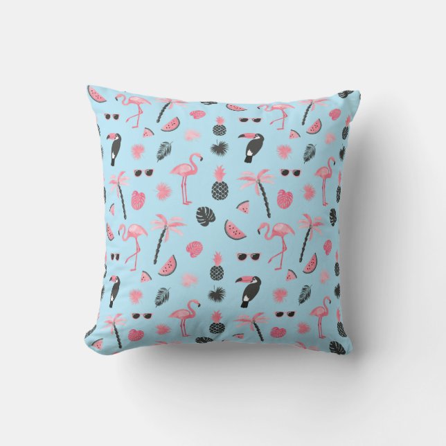 Pink & Blue Summer Tropical Pattern Throw Pillow (Front)