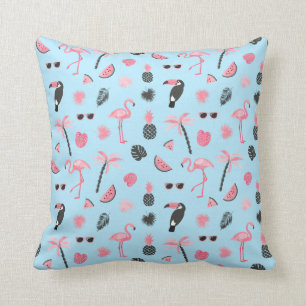 Pink & Blue Summer Tropical Pattern Throw Pillow