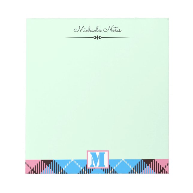 Pink Blue Tartan Personalized Script Monogram Name Notepad (Front)