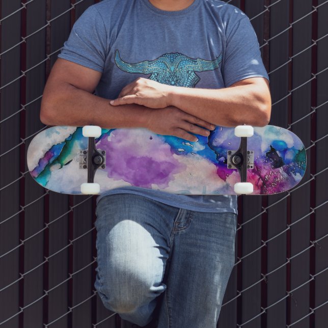 Pink Blue Teal Abstract Watercolor Skateboard (Outdoor 3)