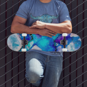 Pink Blue Teal Abstract Watercolor Skateboard