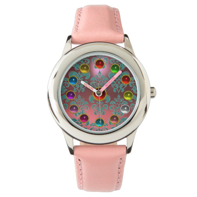 PINK BLUE TEAL DAMASK AND 3D COLORFUL GEMSTONES WATCH (Front)