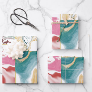 Pink blue teal gold retro Abstract marble pattern Wrapping Paper Sheet