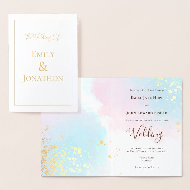 Pink Blue Teal Watercolors Confetti Wedding Gold Foil Card (Display)