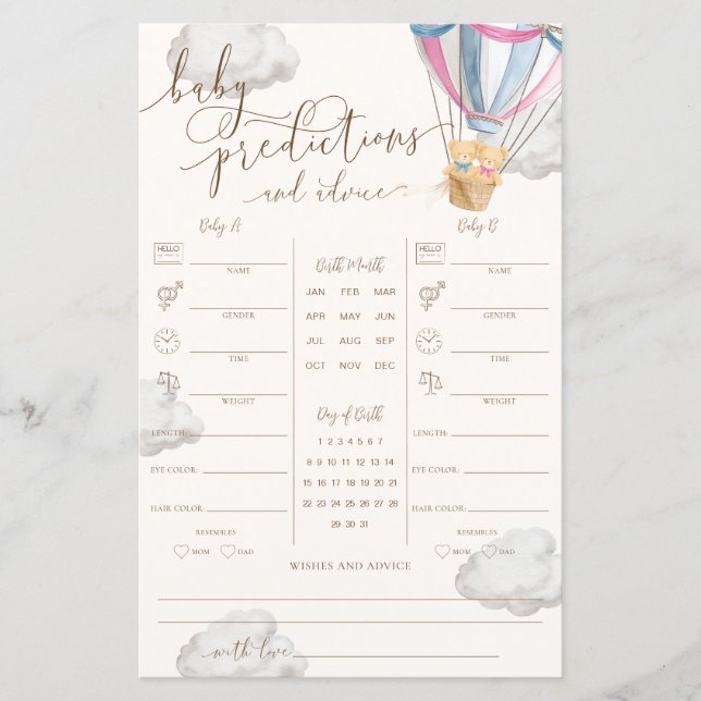 Pink Blue Teddy Bear Twins Baby Predictions Game (Front)