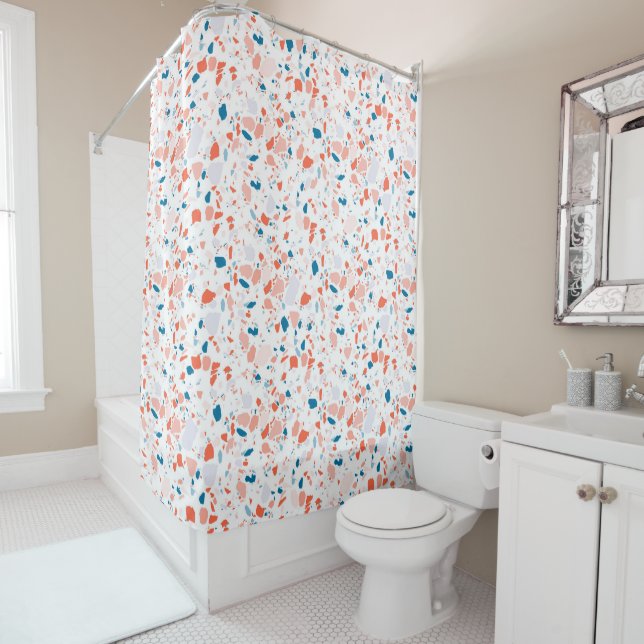 Pink & blue terrazzo handmade shower curtain (In Situ)