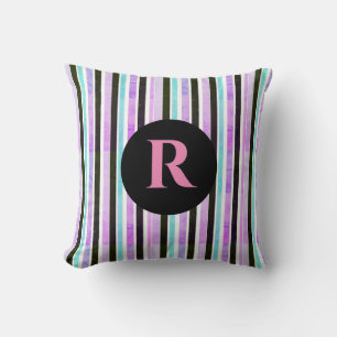 Pink Blue Texture Stripes Pattern Monogrammed Throw Pillow