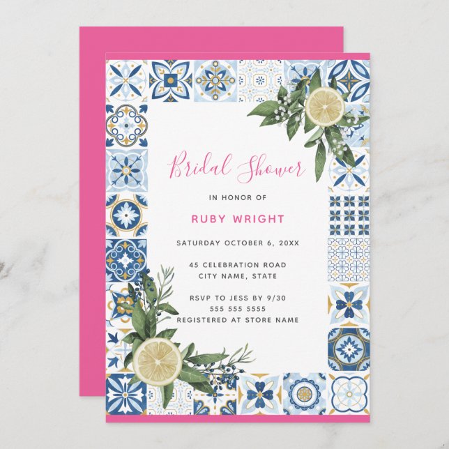 Pink Blue Tile Mediterranean Lemon Bridal Shower Invitation (Front/Back)