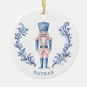 Pink & Blue Toile Crest Nutcracker Ceramic Ornament