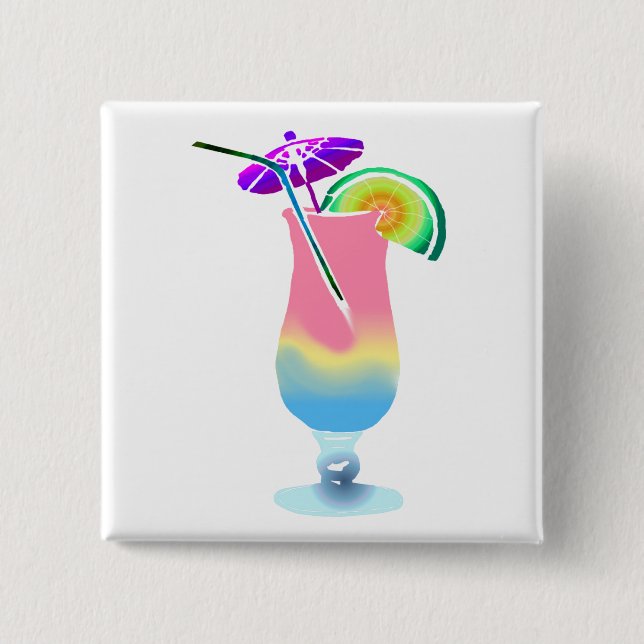 Pink & Blue Tropical Drink 2 Inch Square Button (Front)
