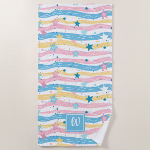Pink Blue Turquoise Star Fish Striped Monogrammed Beach Towel