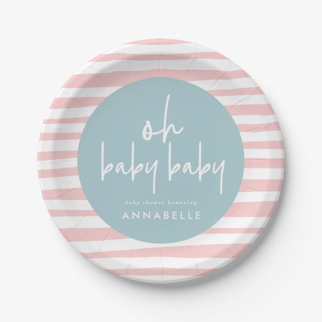 pink blue twin baby shower typography modern paper plate (Front)