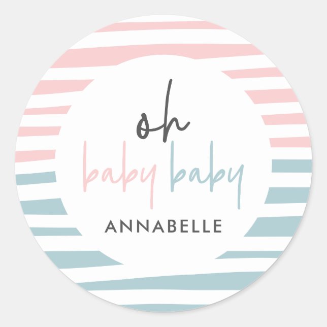 pink blue twin baby shower typography modern party classic round sticker (Front)