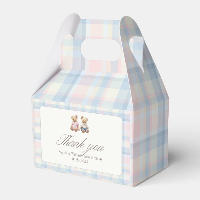 Pink Blue Twins Beary First Birthday Favor Box (Front Side)