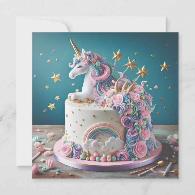 PINK & BLUE UNICORN DECORATED KIDS BIRTHDAY CAKE CARD (Front)