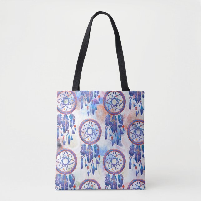 Pink Blue Watercolor Dreamcatcher Boho Tote Bag (Front)