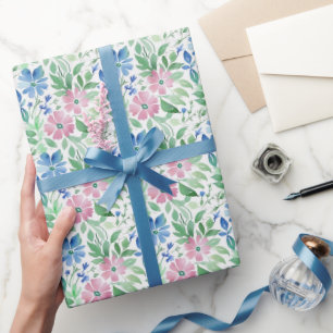Pink Blue Watercolor Floral Baby Bridal Shower  Wrapping Paper