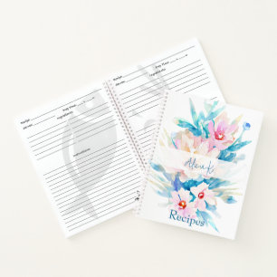Pink & blue watercolor floral personalized recipe notebook