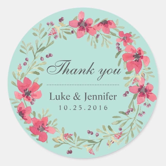 Pink Blue Watercolor Floral Wreath Wedding Sticker (Front)