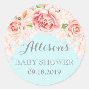 Pink Blue Watercolor Flowers Baby Shower Favour Classic Round Sticker