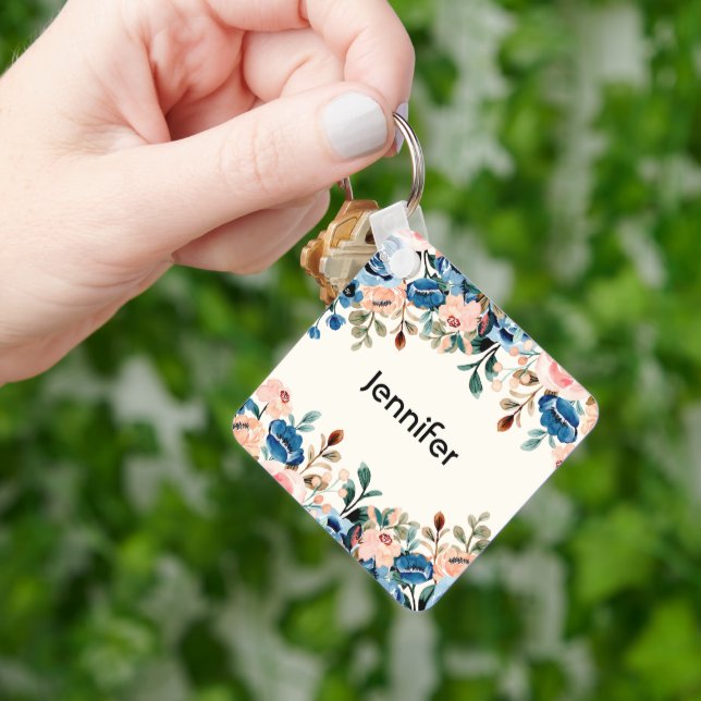 Pink & Blue Watercolor Flowers Keychain (Hand)