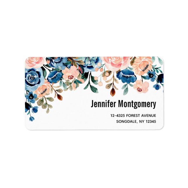 Pink & Blue Watercolor Flowers Label (Front)