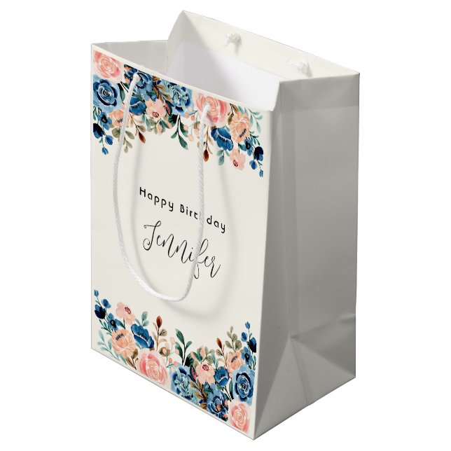 Pink & Blue Watercolor Flowers Medium Gift Bag (Front Angled)