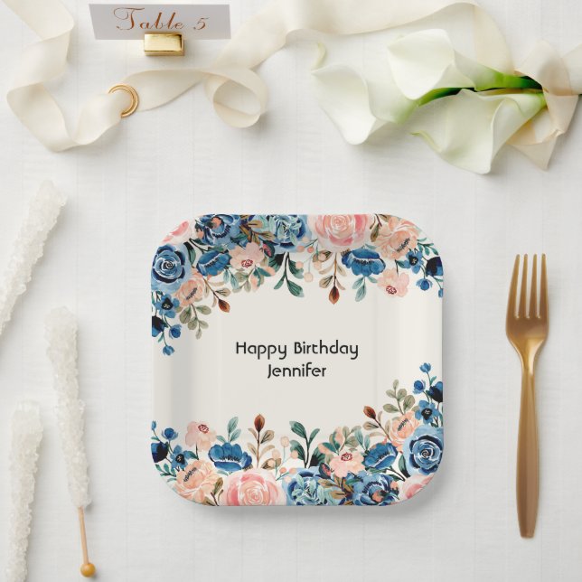 Pink & Blue Watercolor Flowers Paper Plate (Wedding)