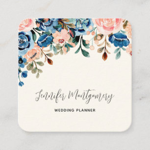 Pink & Blue Watercolor Flowers Square Business Card