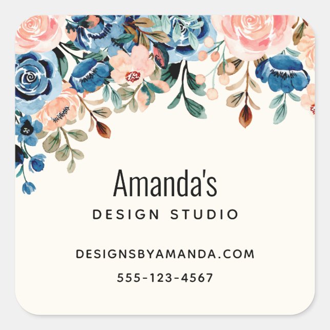 Pink & Blue Watercolor Flowers Square Sticker (Front)