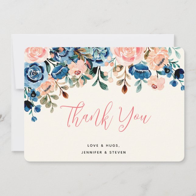 Pink & Blue Watercolor Flowers Thank You (Front)