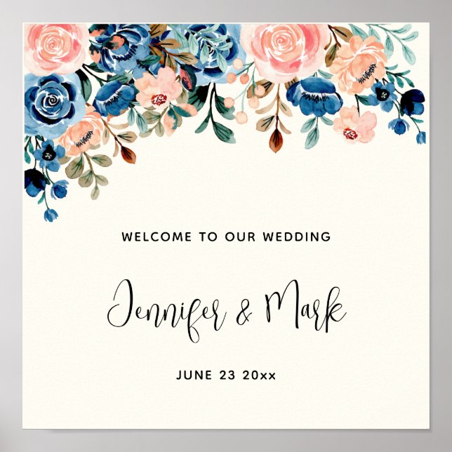 Pink & Blue Watercolor Flowers Wedding Welcome Poster (Front)