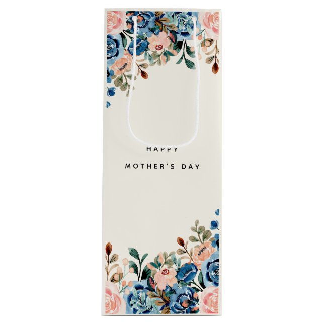 Pink & Blue Watercolor Flowers Wine Gift Bag (Front)