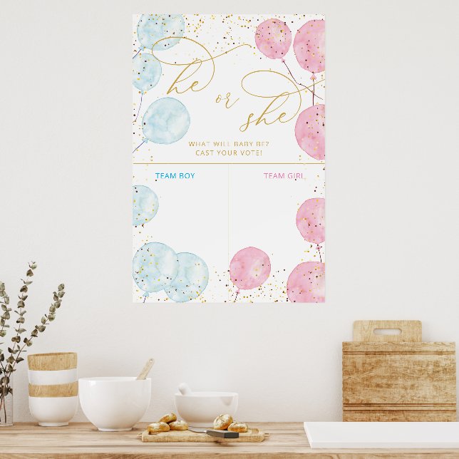 Pink Blue Watercolor Gender Reveal Voting Sign (Kitchen)