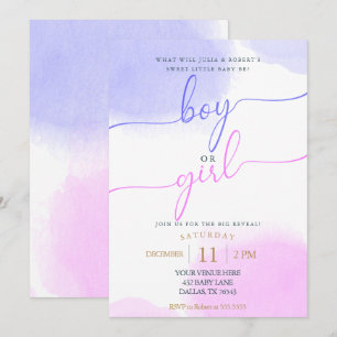 Pink & Blue Watercolor Gold Script Gender Reveal  Invitation