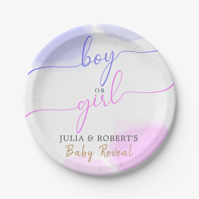 Pink & Blue Watercolor Gold Script Gender Reveal Paper Plate (Front)