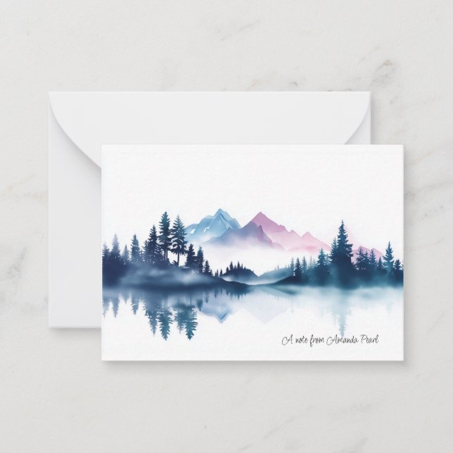 Pink & Blue Watercolor Mountains & Dark Pine Trees Card (Front)