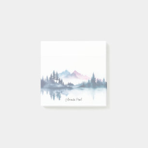 Pink & Blue Watercolor Mountains & Dark Pine Trees Post-it Notes