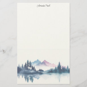 Pink & Blue Watercolor Mountains & Dark Pine Trees Stationery