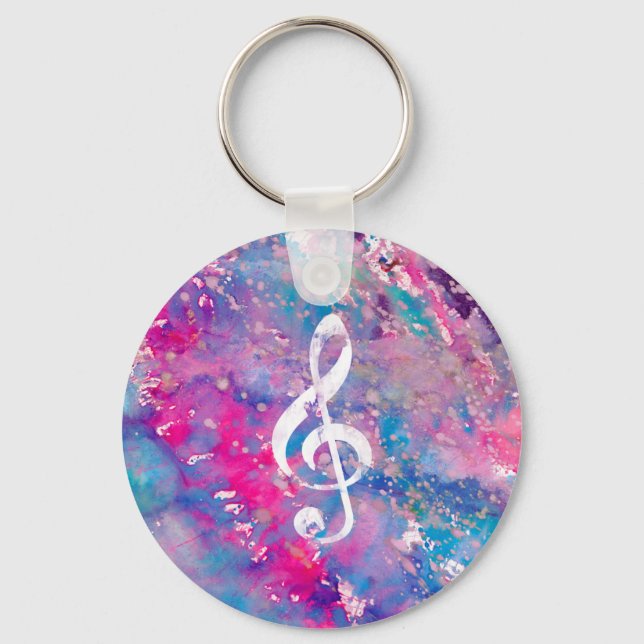 Pink Blue Watercolor Paint Music Note Treble Clef Keychain (Front)