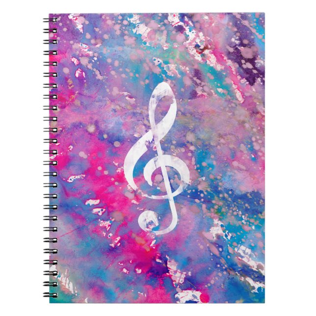 Pink Blue Watercolor Paint Music Note Treble Clef Notebook (Front)